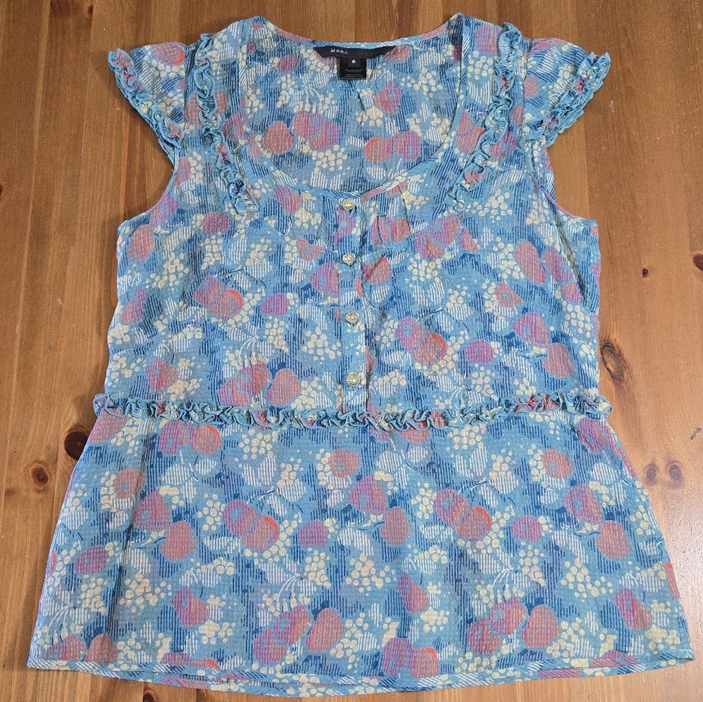 Marc Jacobs Blue Floral Ruffle Button-Front Blouse